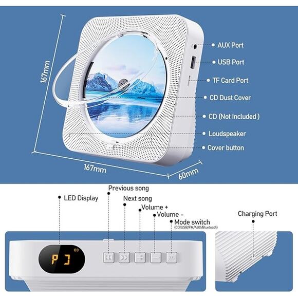 White Desktop Portable Bluetooth CD Player HiFi Sound Speakers Remote Control - Picture 7 of 14